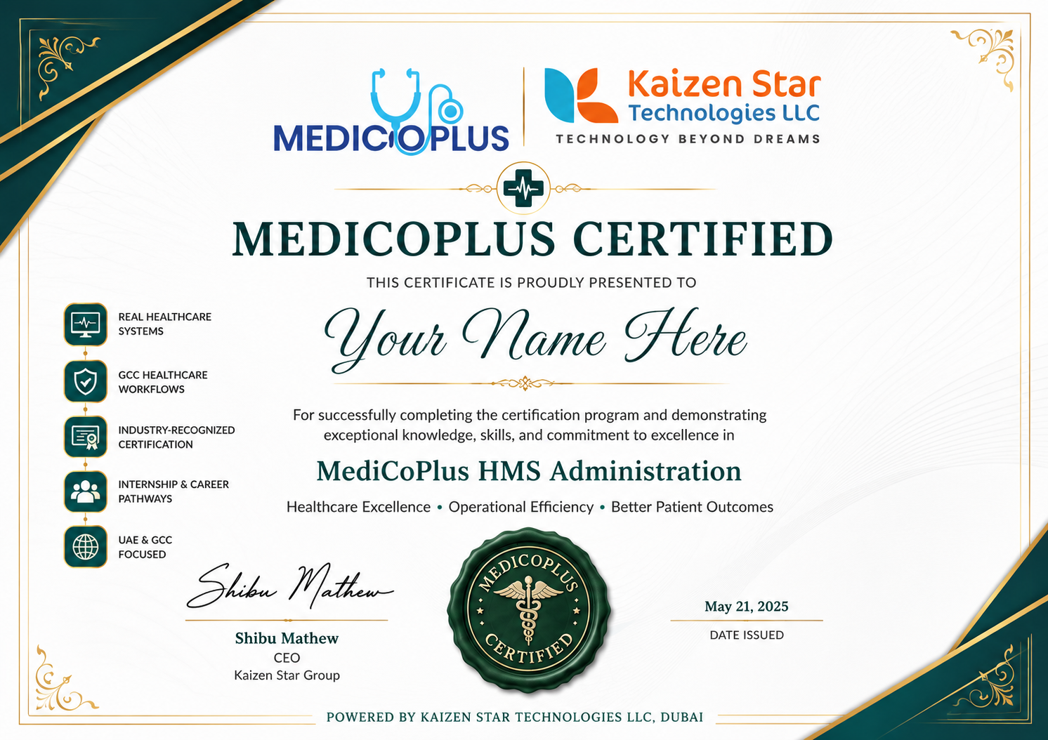 MedicoPlus Certified Healthcare Worker certificate - sample certificate issued on completion